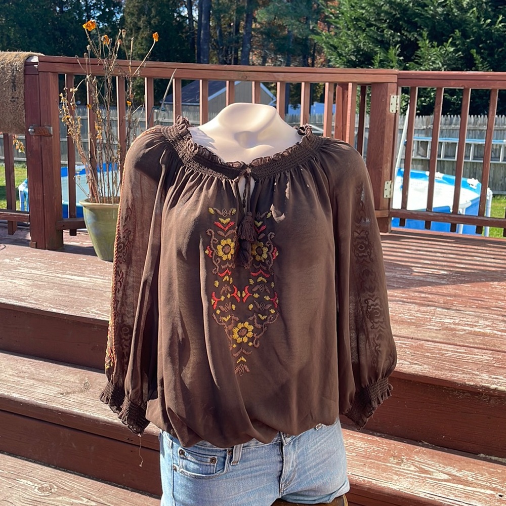 Elena Solano Sheer BOHO top w/ Owl Embroidered on Front - Elastic Waist, -Large